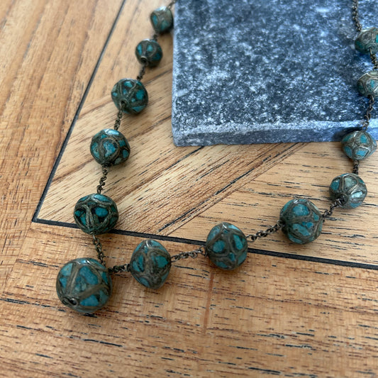 Turquoise Toned Faience Bead Filigree 1970s Parisian Necklace