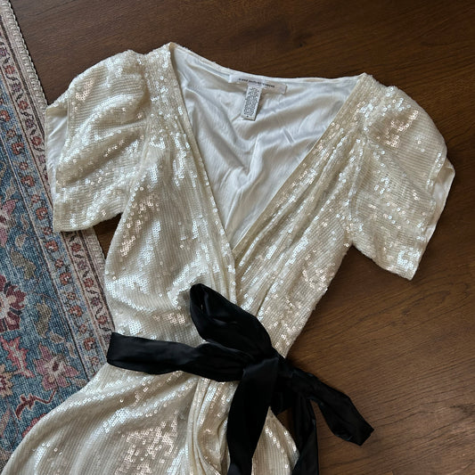 Diane von Furstenberg Ivory Translucent Sequin Maxi Wrap Style Gown - US 8 (UK 12)