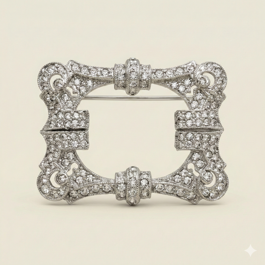 Silver-tone, Rectangular Brooch With Crystal Detail - Vintage Piece