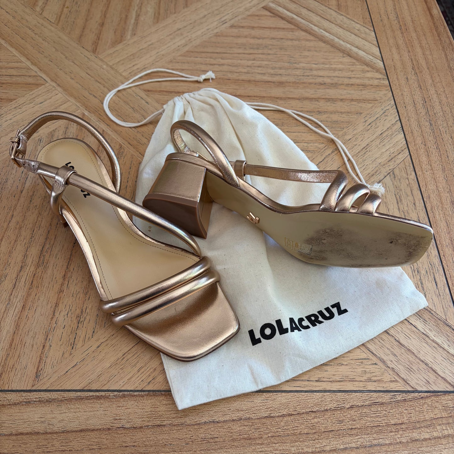 Lola Cruz Rose Gold Leather Block Heel Sandals - UK 4 / EU 37
