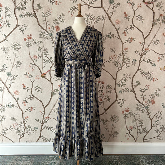 Sandro Blue and Oatmeal Patterned Silk Wrap Dress - FR 40 (UK 12)