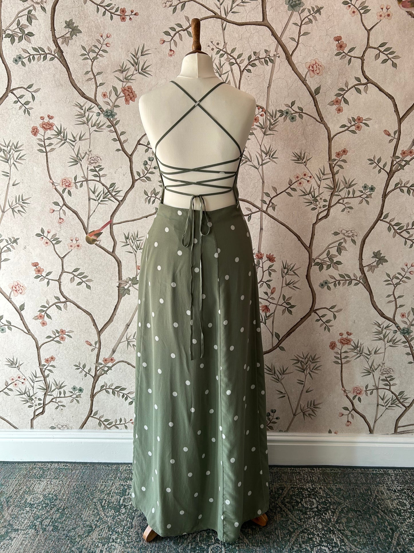 Sèzane Sage Green, Polka Dot Silk Midaxi Dress With Lacing Back - UK 12 - With Tags