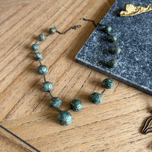 Turquoise Toned Faience Bead Filigree 1970s Parisian Necklace