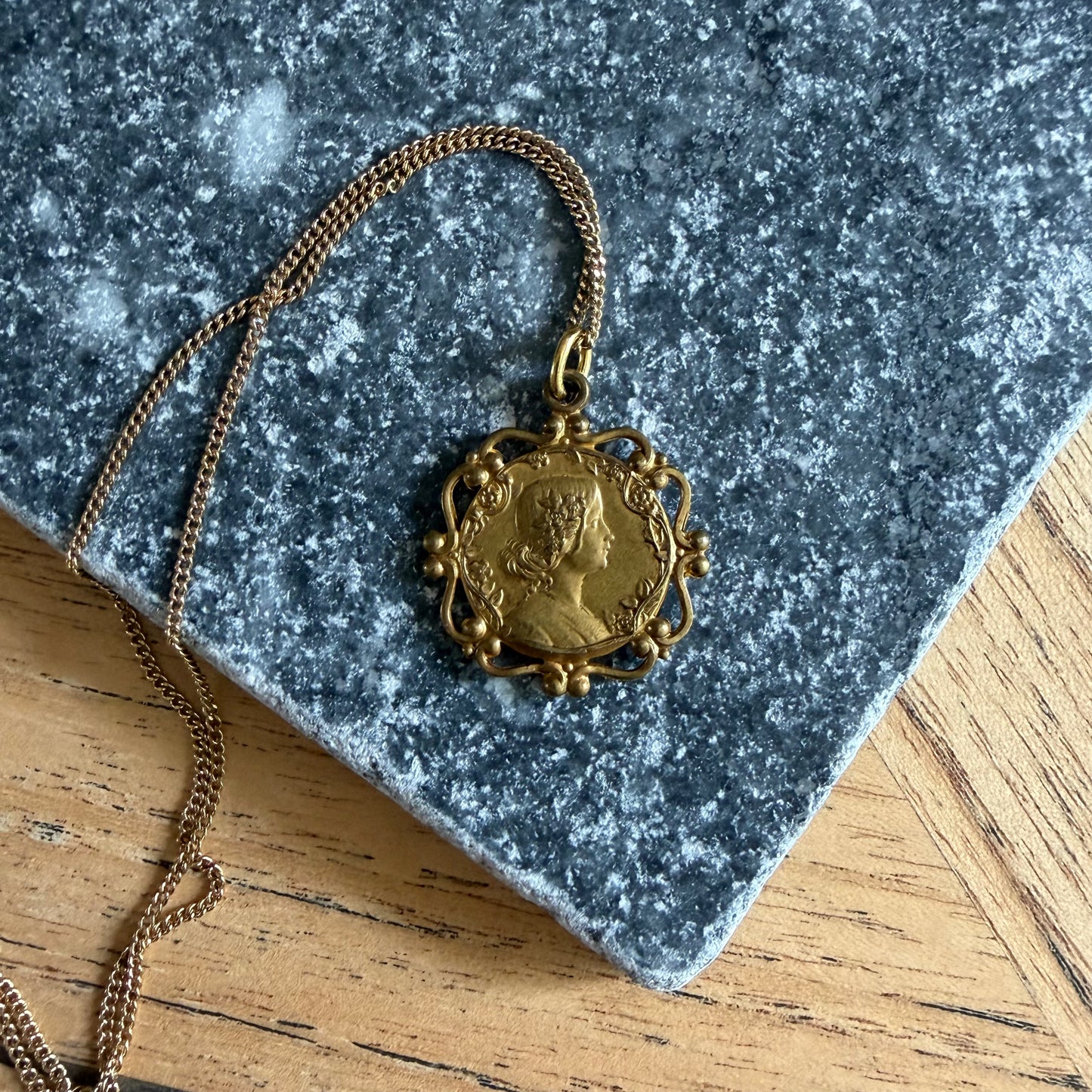 Belle Époque, Antique, French Muse Pendant with Chain