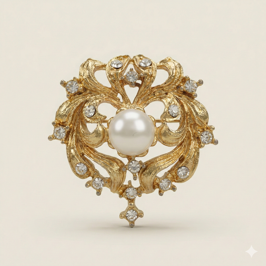Intricate Gold-tone Brooch With Centre Pearl - Vintage Piece