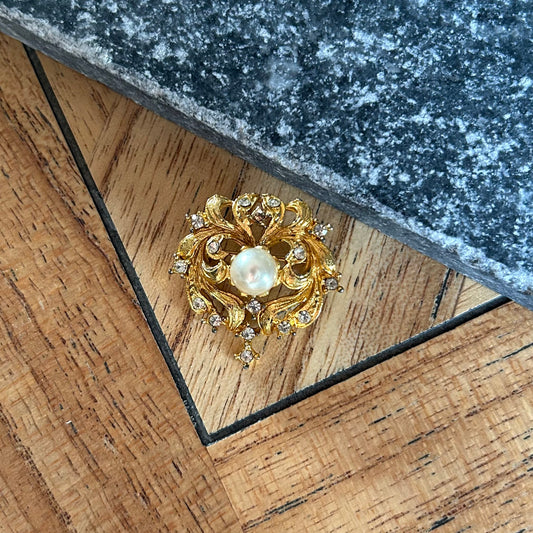 Intricate Gold-tone Brooch With Centre Pearl - Vintage Piece