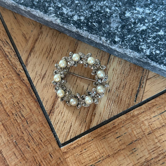 Pearl and Marcasite Embellished Wreath Brooch - Vintage Piece