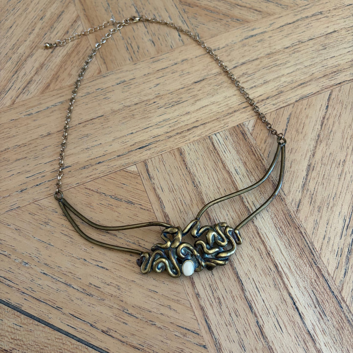 Brutalist 1970s Vintage Brass Squiggle Necklace