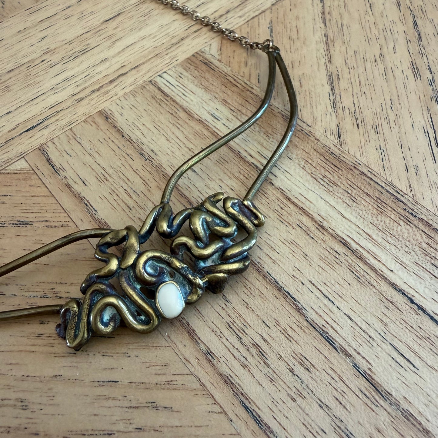 Brutalist 1970s Vintage Brass Squiggle Necklace