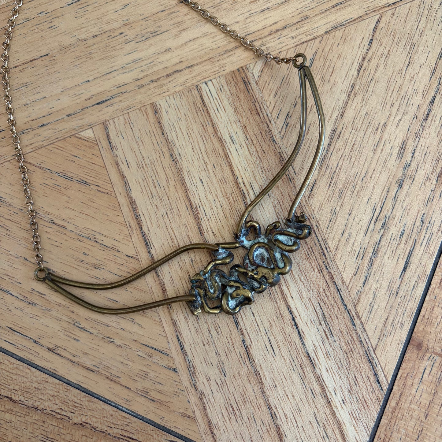 Brutalist 1970s Vintage Brass Squiggle Necklace