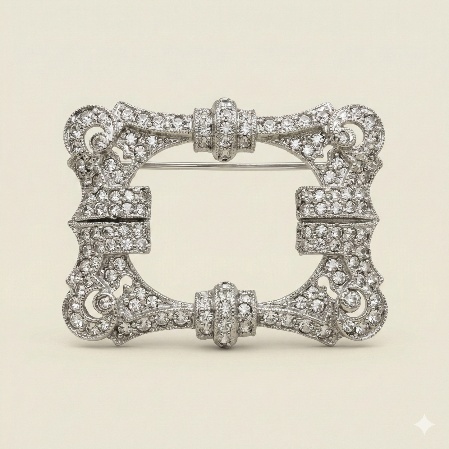 Silver-tone, Rectangular Brooch With Crystal Detail - Vintage Piece