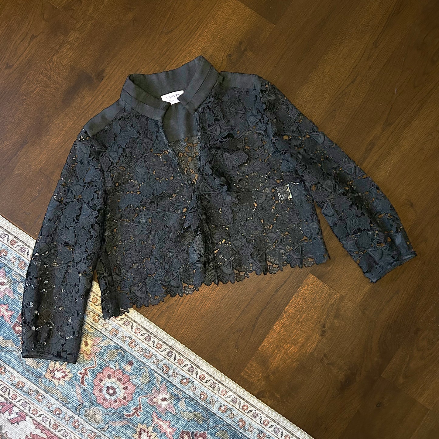 Lanvin Black Lace and Silk Moire Cropped Jacket - FR 38 (UK 8)