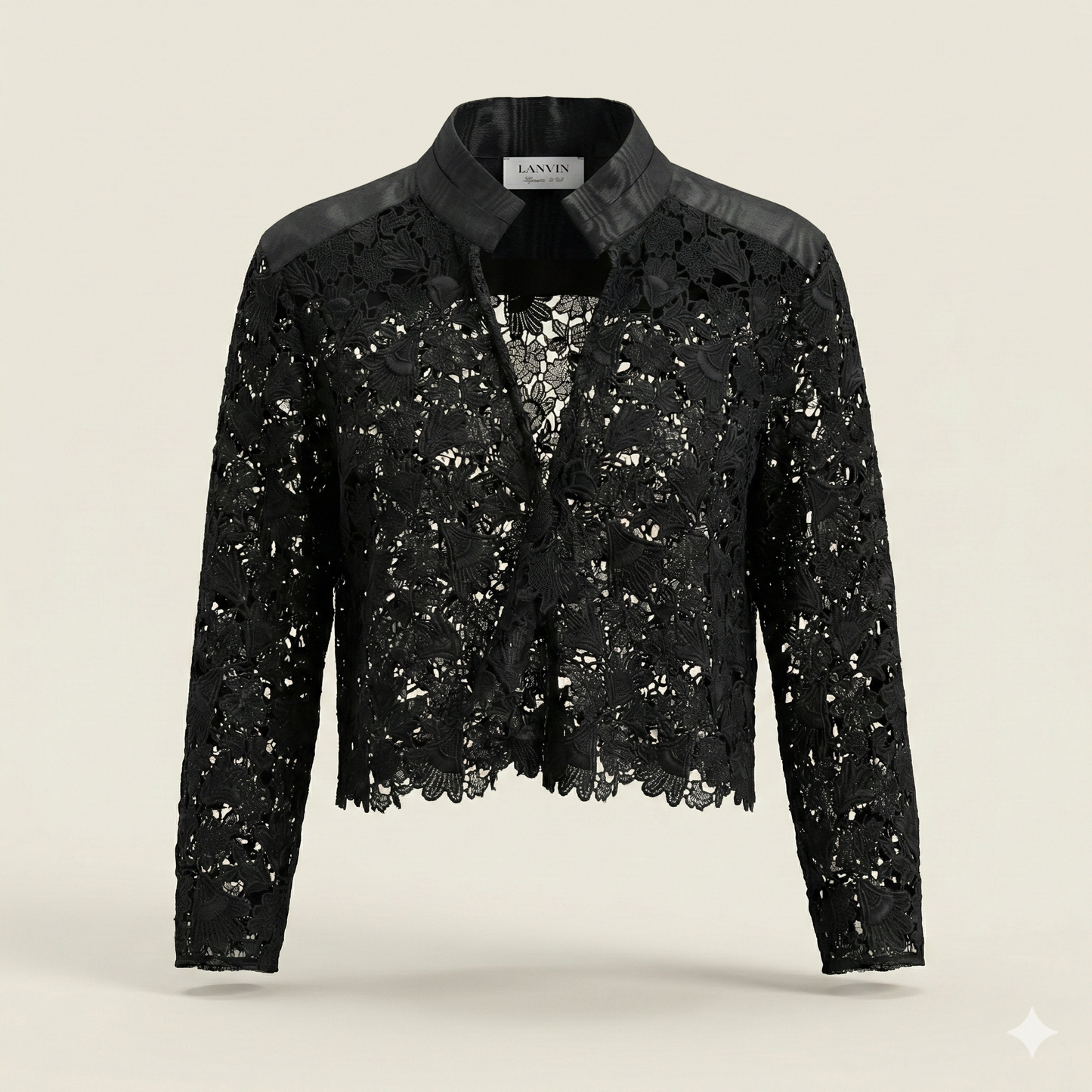 Lanvin Black Lace and Silk Moire Cropped Jacket - FR 38 (UK 8)