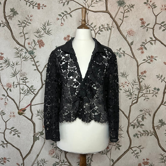 Lanvin Black Lace and Silk Moire Cropped Jacket - FR 38 (UK 8)