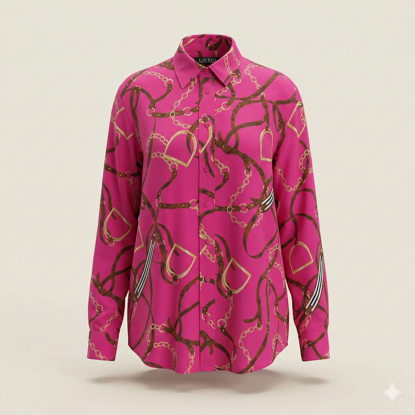 LAUREN Ralph Lauren Equestrian Print Silk Blouse - Size Large (UK 12 14 16)