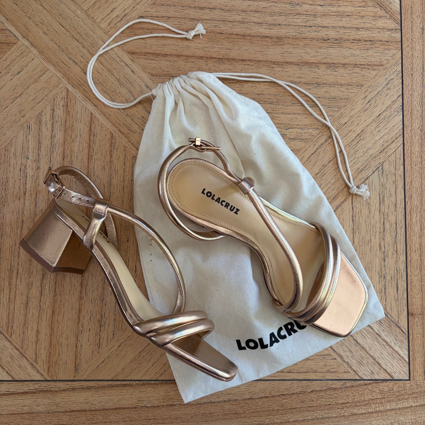 Lola Cruz Rose Gold Leather Block Heel Sandals - UK 4 / EU 37