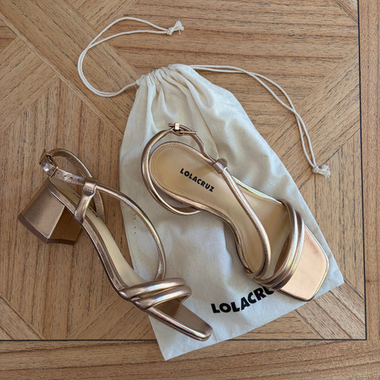 Lola Cruz Rose Gold Leather Block Heel Sandals - UK 4 / EU 37
