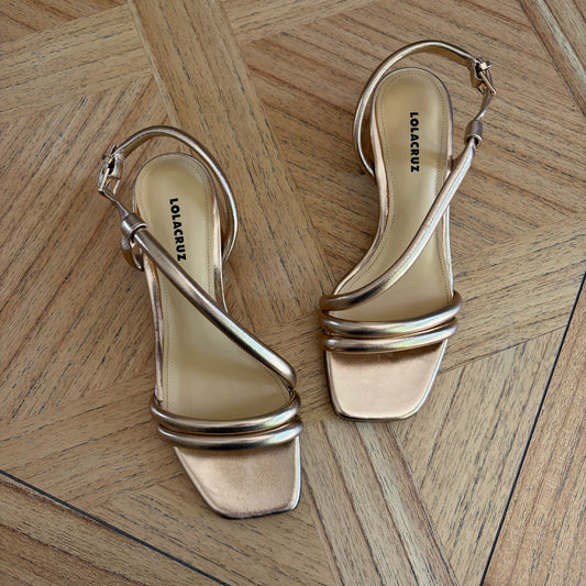 Lola Cruz Rose Gold Leather Block Heel Sandals - UK 4 / EU 37