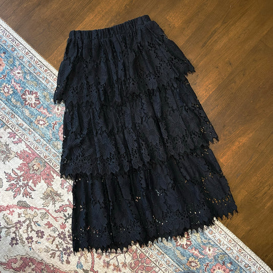 Next Tiered Black Lace Midi Skirt - UK 10