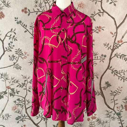 LAUREN Ralph Lauren Equestrian Print Silk Blouse - Size Large (UK 12 14 16)