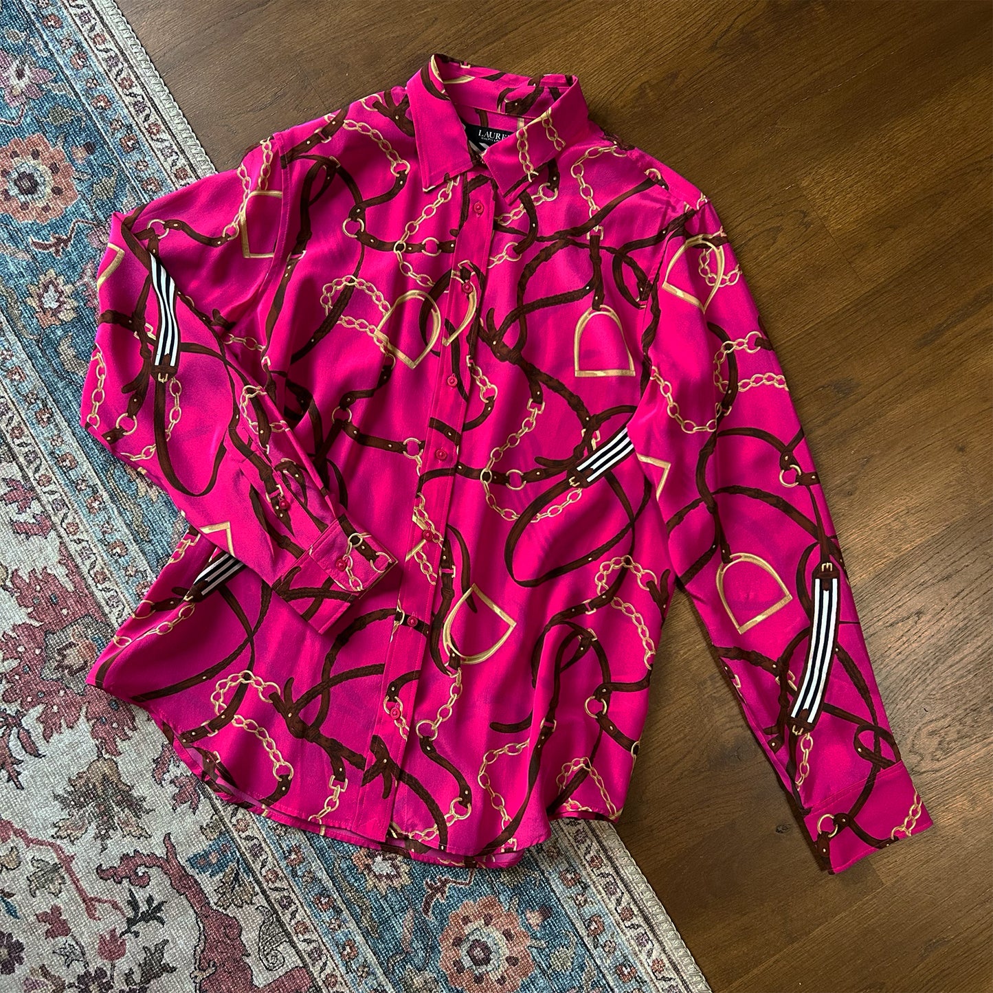LAUREN Ralph Lauren Equestrian Print Silk Blouse - Size Large (UK 12 14 16)