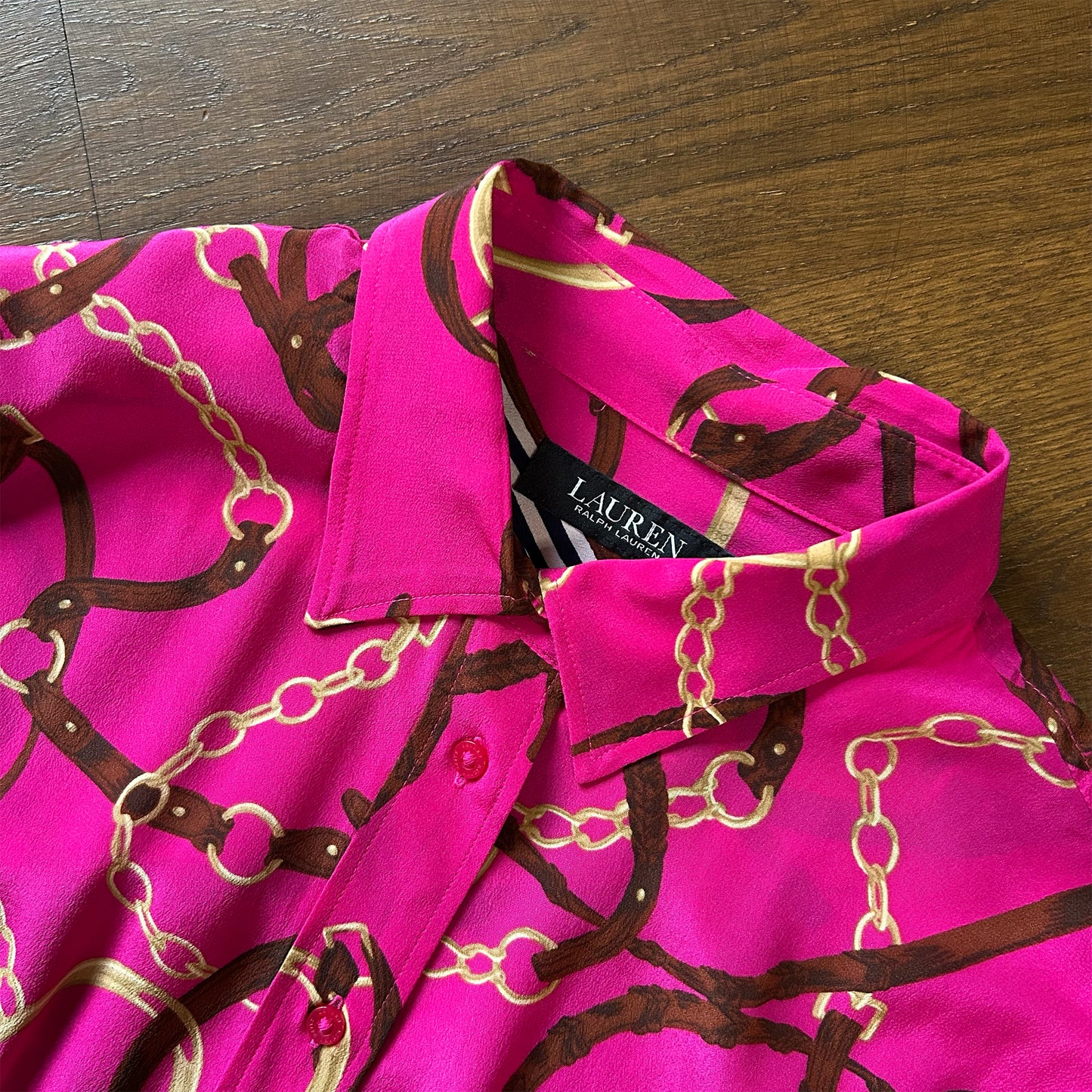 LAUREN Ralph Lauren Equestrian Print Silk Blouse - Size Large (UK 12 14 16)