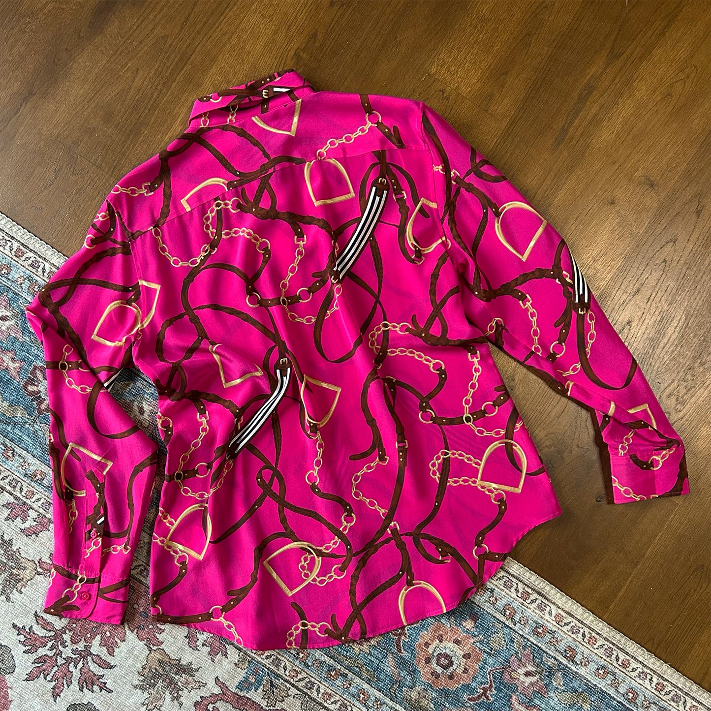 LAUREN Ralph Lauren Equestrian Print Silk Blouse - Size Large (UK 12 14 16)