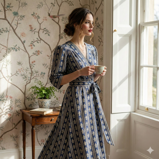 Sandro Blue and Oatmeal Patterned Silk Wrap Dress - FR 40 (UK 12)