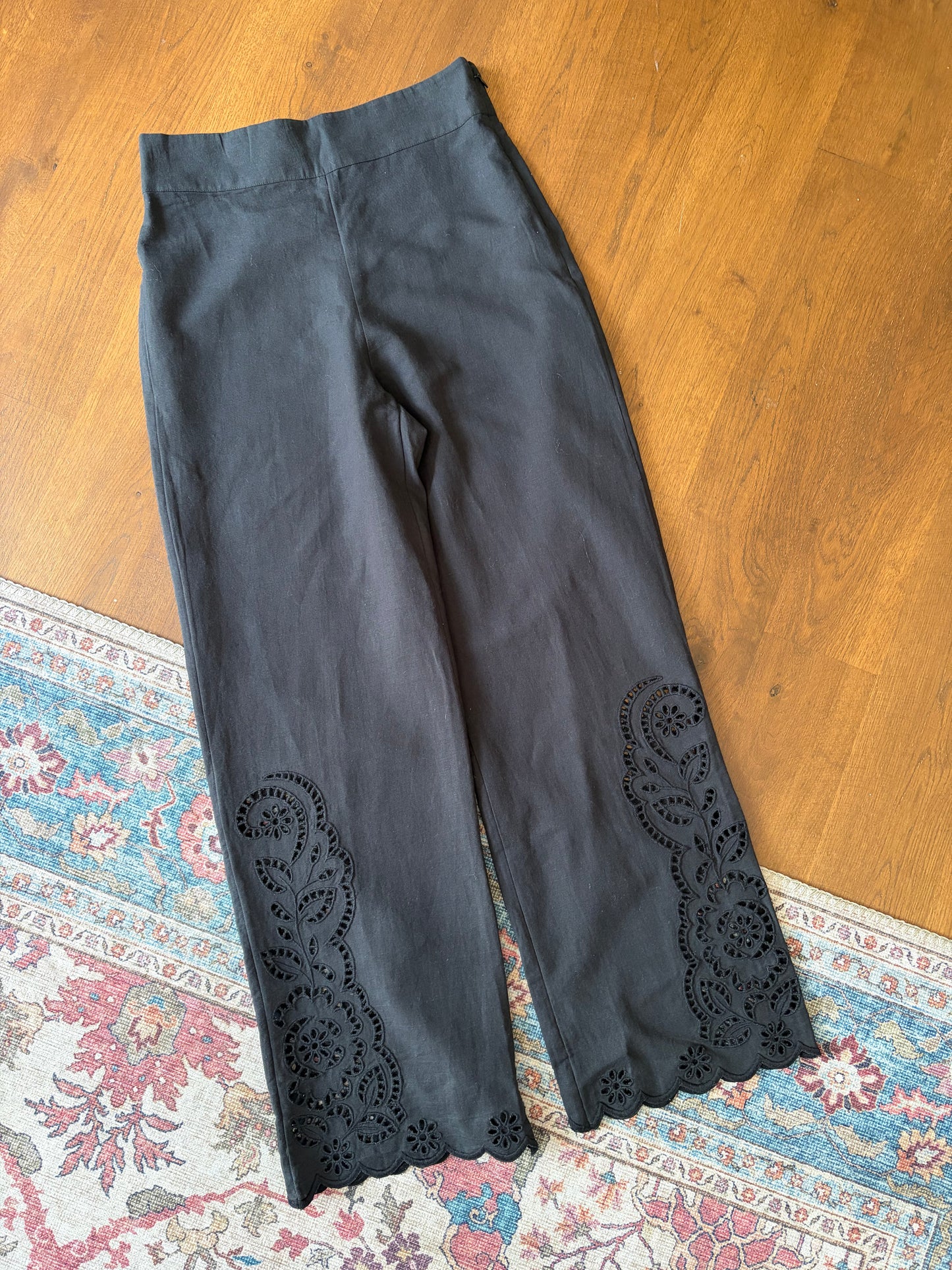 Sézane Black Linen-Mix Broderie Hem Trousers - UK 10 - With Tags
