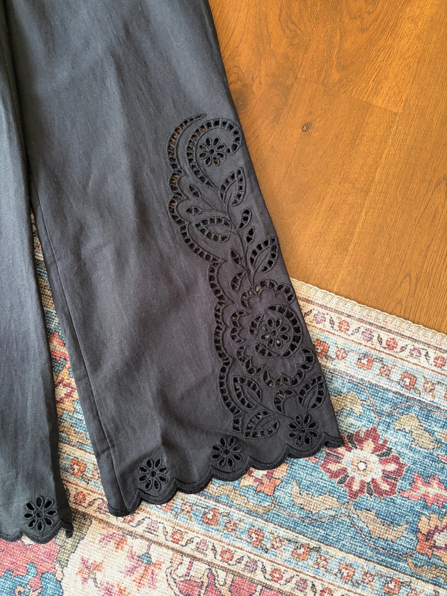 Sézane Black Linen-Mix Broderie Hem Trousers - UK 10 - With Tags