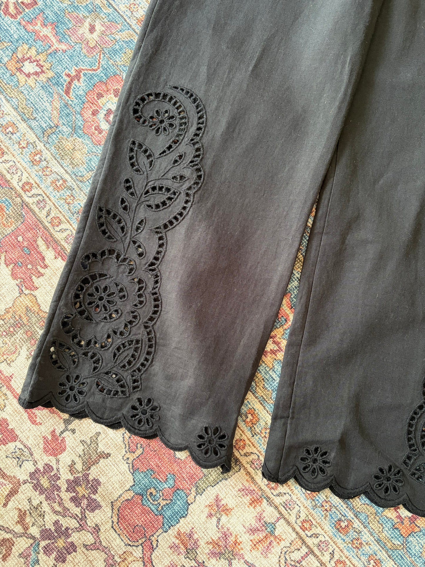Sézane Black Linen-Mix Broderie Hem Trousers - UK 10 - With Tags
