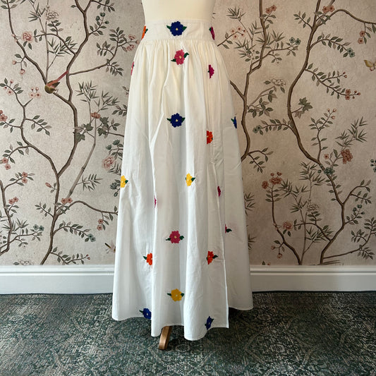 Sèzane White Maxi Skirt With Multicoloured Floral Embroidery - Uk 12 - With Tags