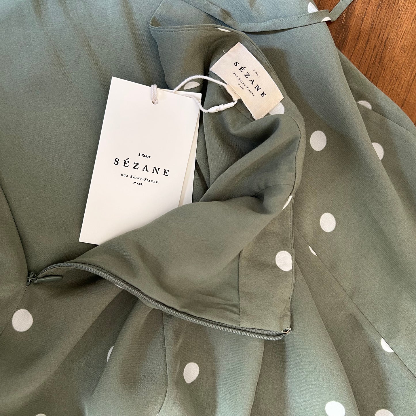 Sèzane Sage Green, Polka Dot Silk Midaxi Dress With Lacing Back - UK 12 - With Tags