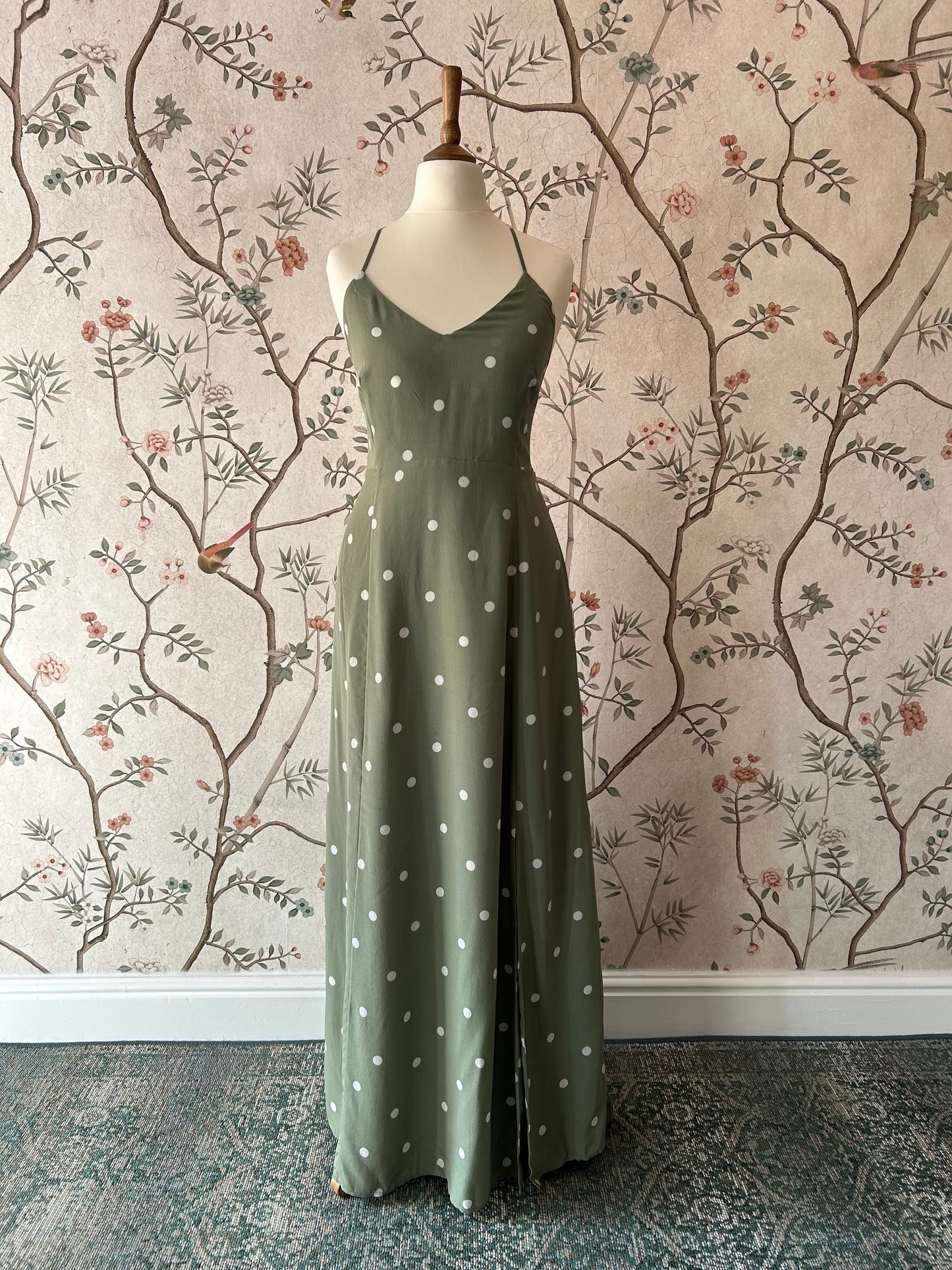 Sèzane Sage Green, Polka Dot Silk Midaxi Dress With Lacing Back - UK 12 - With Tags