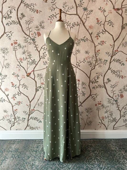 Sèzane Sage Green, Polka Dot Silk Midaxi Dress With Lacing Back - UK 12 - With Tags