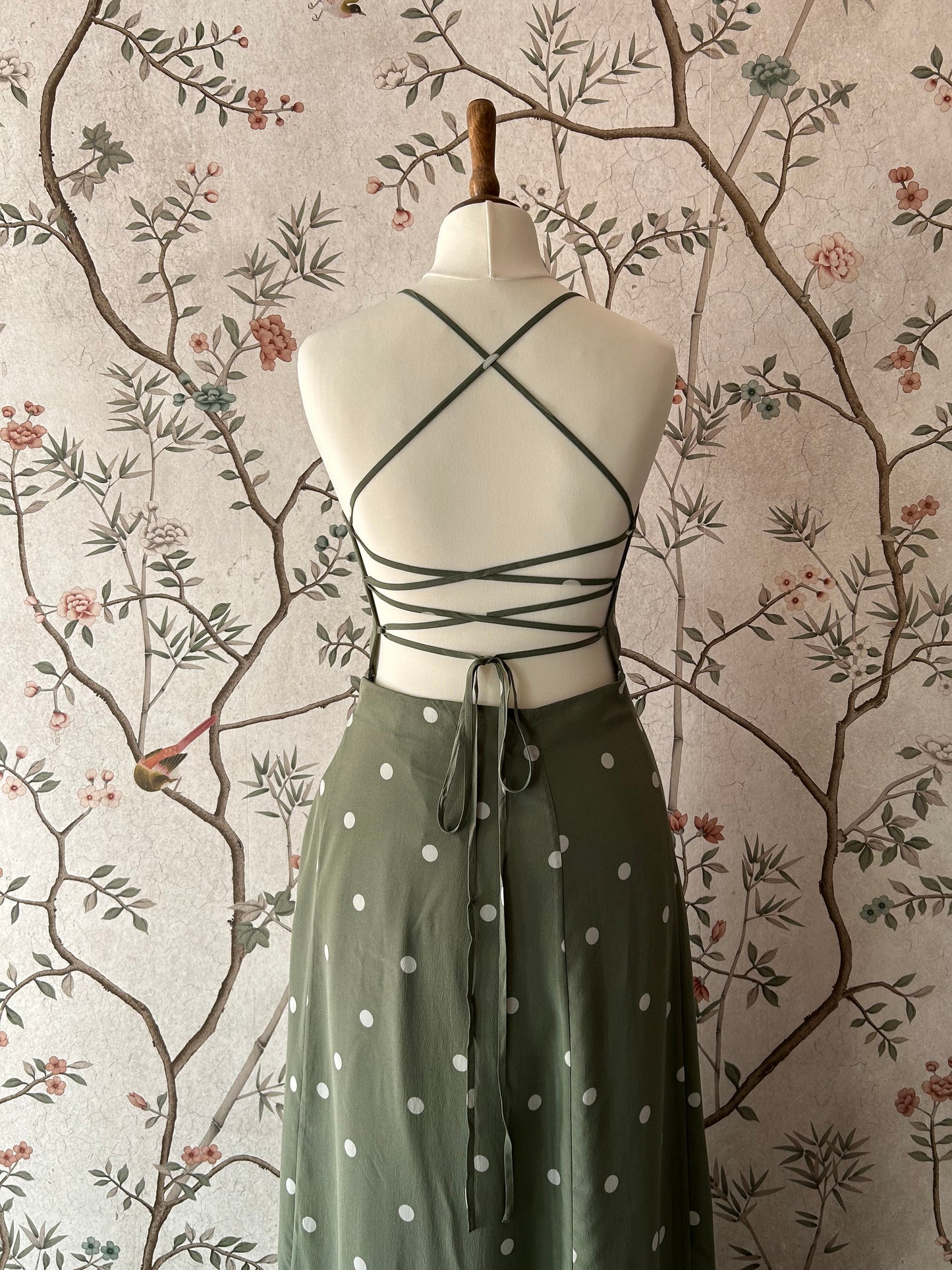 Sèzane Sage Green, Polka Dot Silk Midaxi Dress With Lacing Back - UK 12 - With Tags