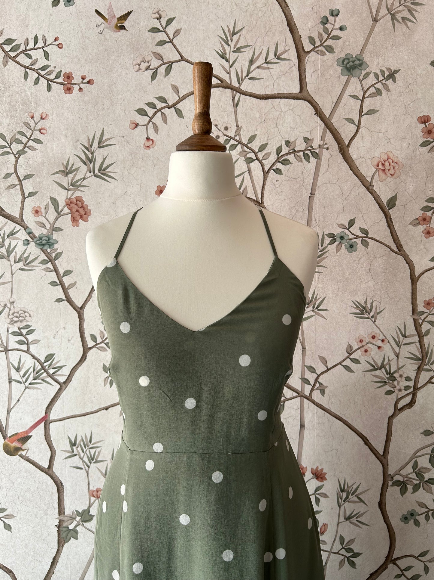 Sèzane Sage Green, Polka Dot Silk Midaxi Dress With Lacing Back - UK 12 - With Tags