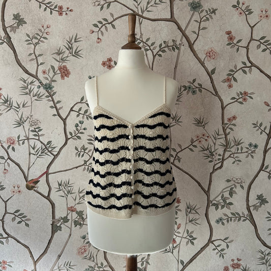 Sèzane Navy and Ecru Buttoned Front Knitted Camisole - XS (UK 6 8) - With Tags