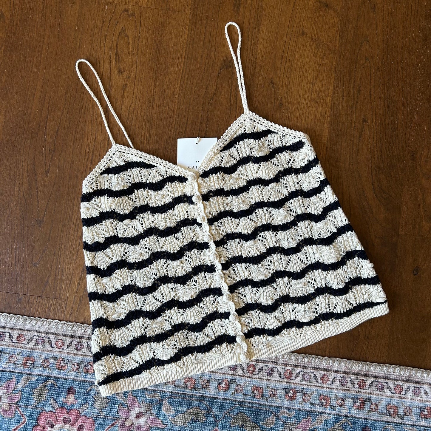 Sèzane Navy and Ecru Buttoned Front Knitted Camisole - XS (UK 6 8) - With Tags