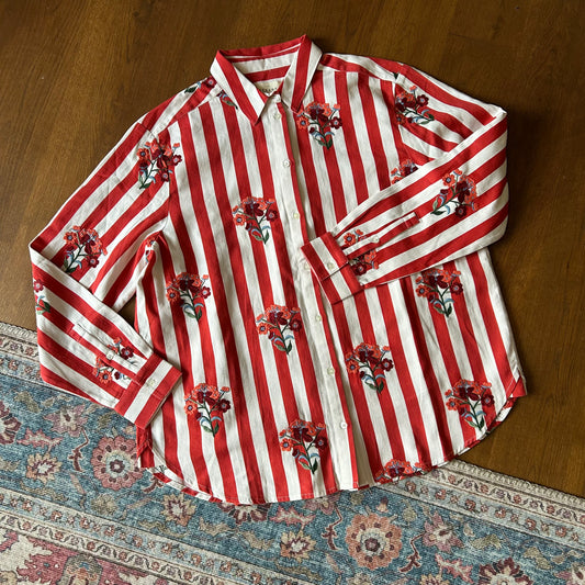 Sèzane Floral Embroidered Striped Shirt - Uk 12 - With Tags