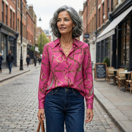 LAUREN Ralph Lauren Equestrian Print Silk Blouse - Size Large (UK 12 14 16)