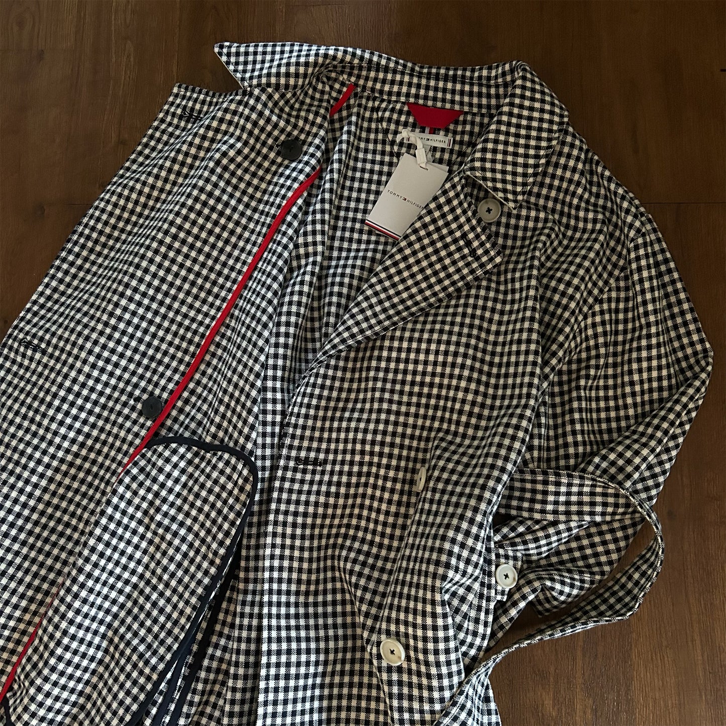 Tommy Hilfiger Textured Cotton Gingham Trench Coat - S/M (UK 8-12)